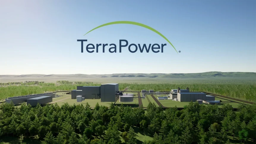 TerraPower logo over power plant in Wyoming